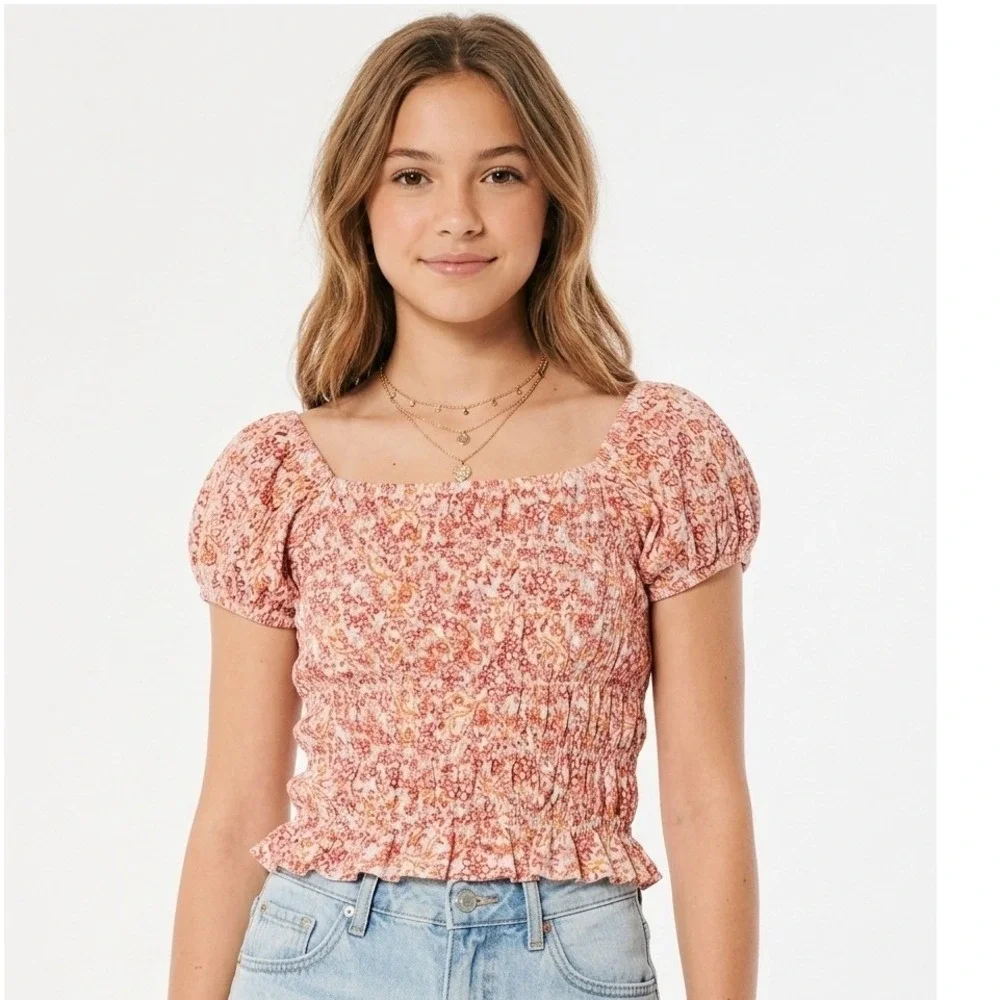 Old Navy Girls Orange Pink‎ Floral Smocked Puff Sleeve Top Size L 10-12 Paisley